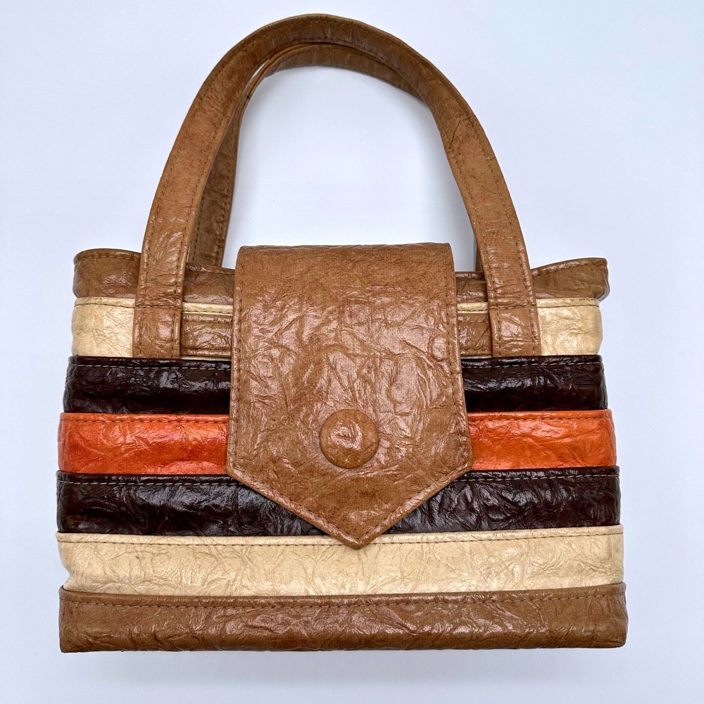 Handcrafted by Hirtz Vintage Striped Top Handle Bag Brown Tan Orange Textured